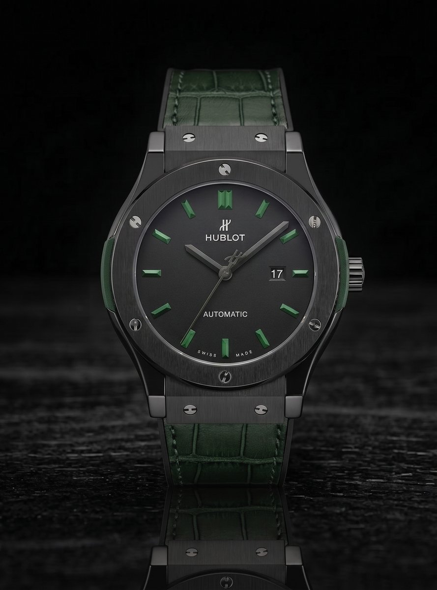 Büyük Kasa Siyah Kasa Yeşil Detaylı Saat